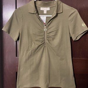 Women's EXTRA SMALL green/olive Michael Kors polo shirt, gold zipper front